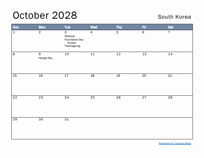 October 2028 Simple Monthly Calendar for South Korea