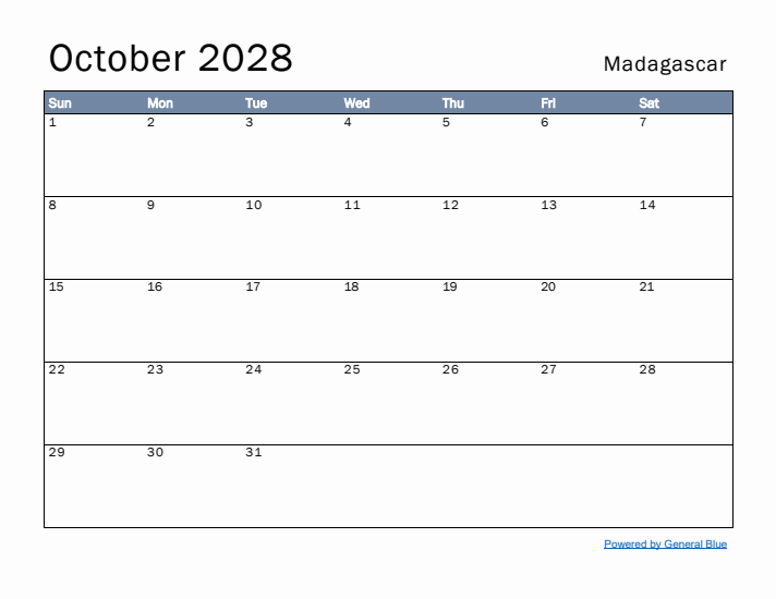 October 2028 Simple Monthly Calendar for Madagascar