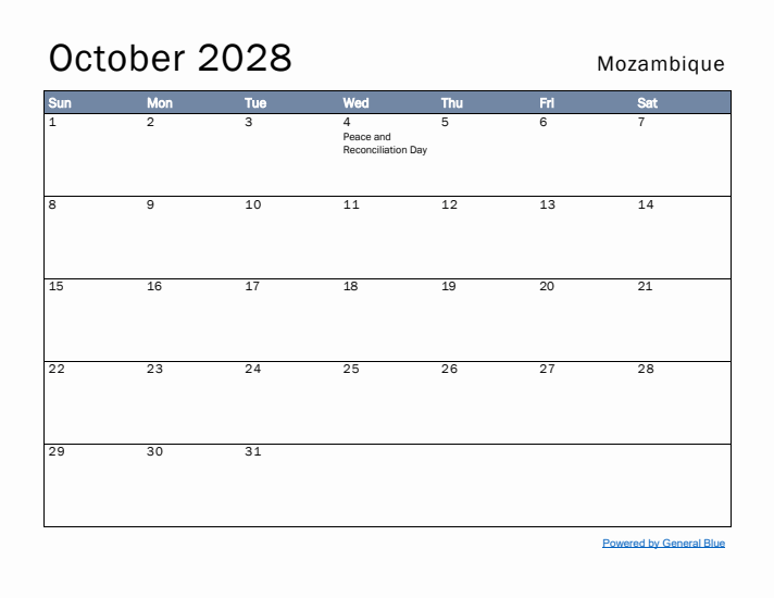 October 2028 Simple Monthly Calendar for Mozambique