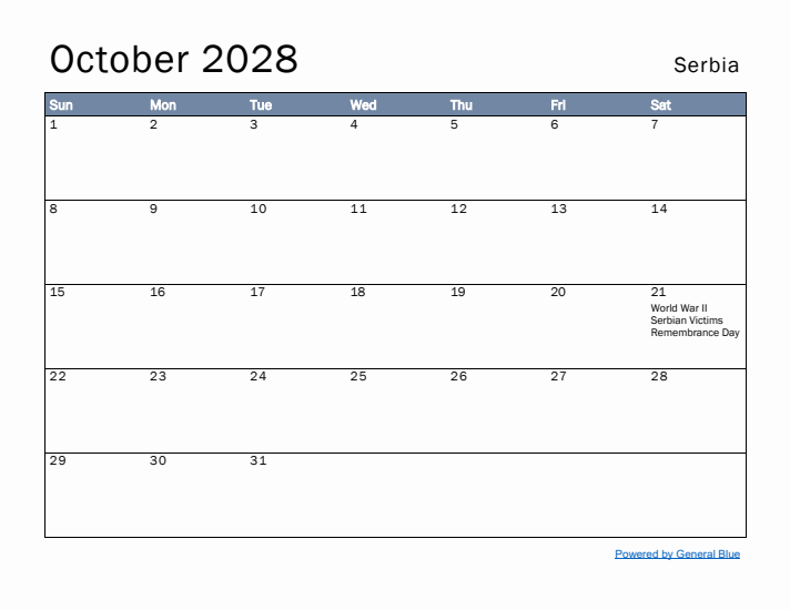 October 2028 Simple Monthly Calendar for Serbia