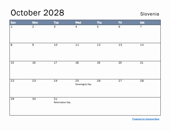 October 2028 Simple Monthly Calendar for Slovenia