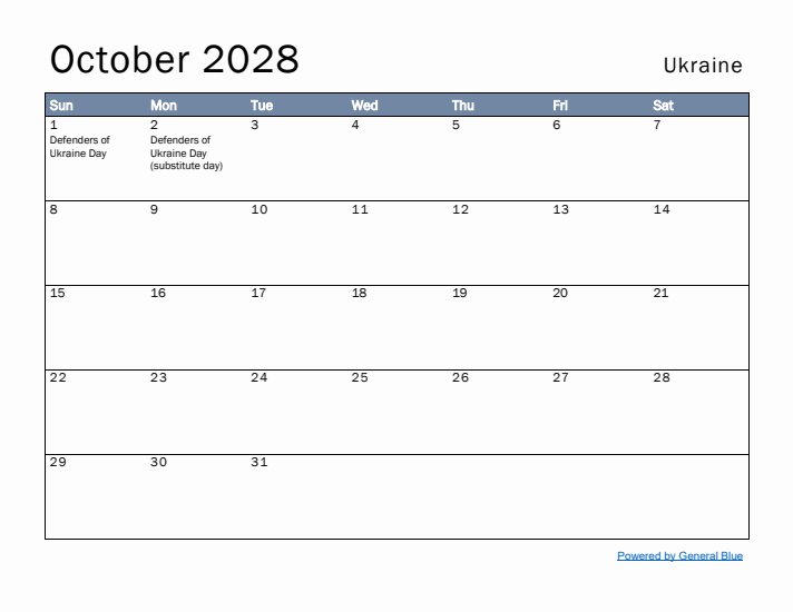 October 2028 Simple Monthly Calendar for Ukraine