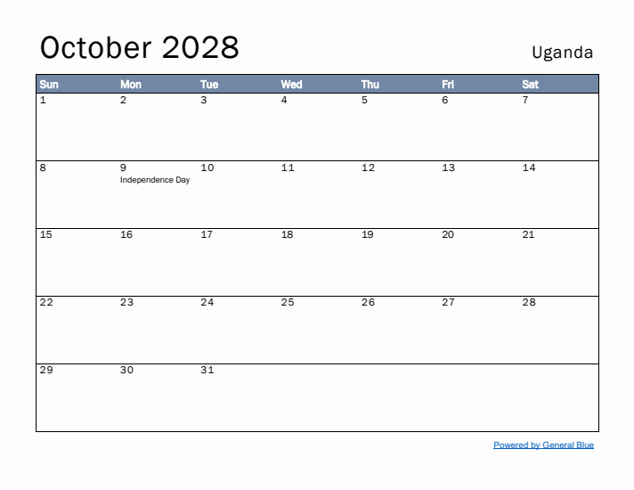 October 2028 Simple Monthly Calendar for Uganda