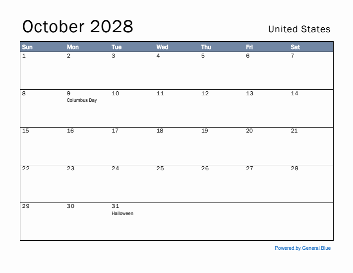 October 2028 Simple Monthly Calendar for United States