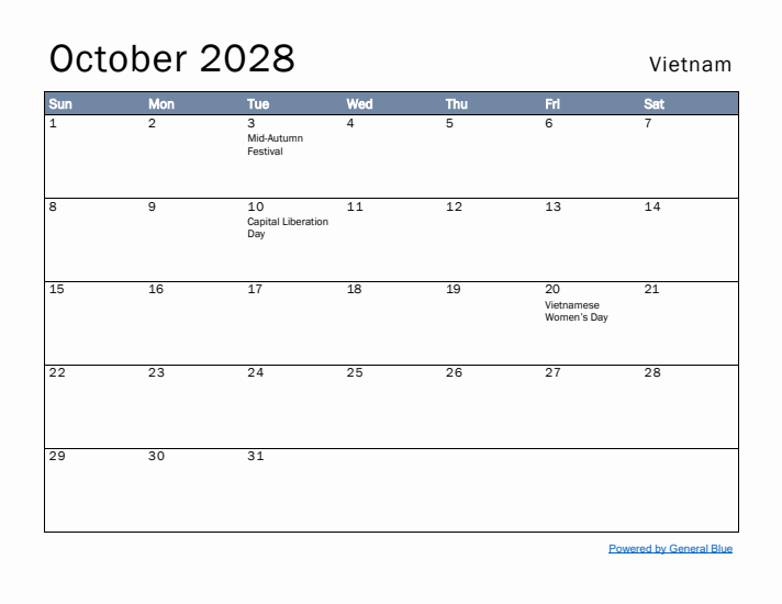 October 2028 Simple Monthly Calendar for Vietnam