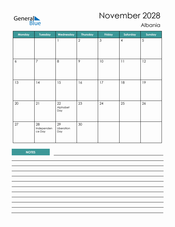 Calendar with Notes Printable - Monday Start