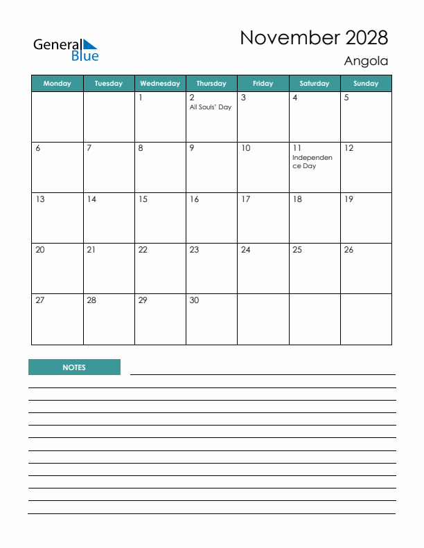 Calendar with Notes Printable - Monday Start