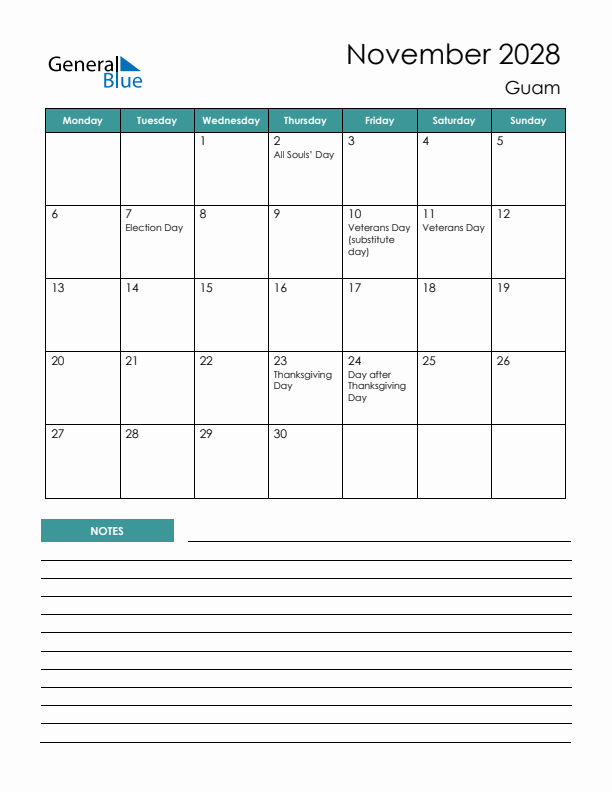 Calendar with Notes Printable - Monday Start