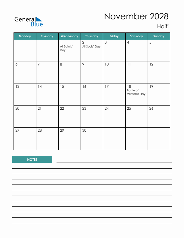 Calendar with Notes Printable - Monday Start