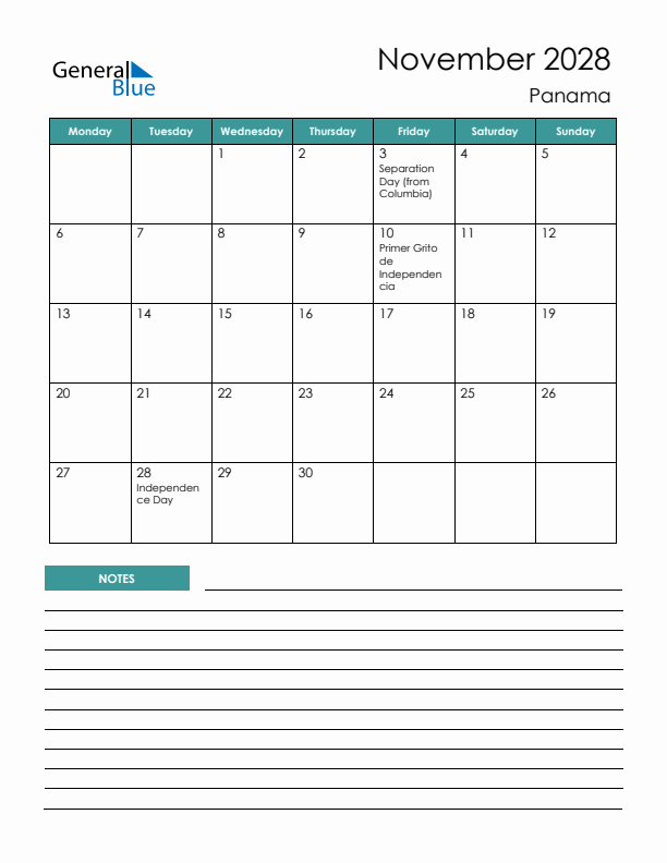 Calendar with Notes Printable - Monday Start