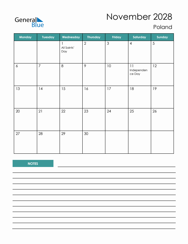 Calendar with Notes Printable - Monday Start