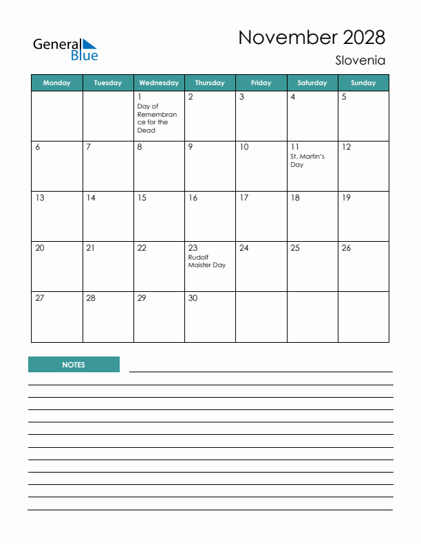 Calendar with Notes Printable - Monday Start