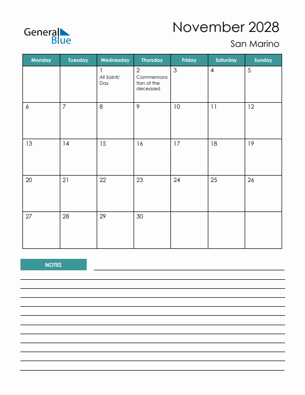 Calendar with Notes Printable - Monday Start