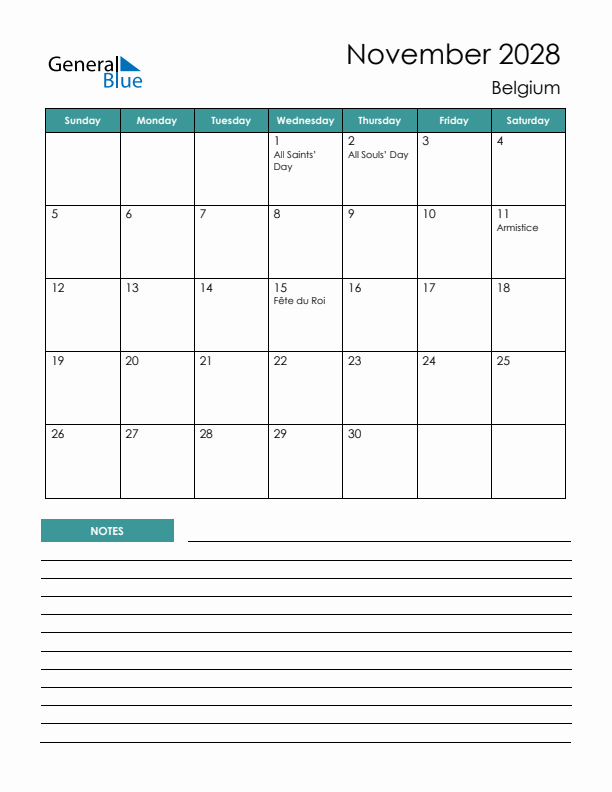 Calendar with Notes Printable - Sunday Start