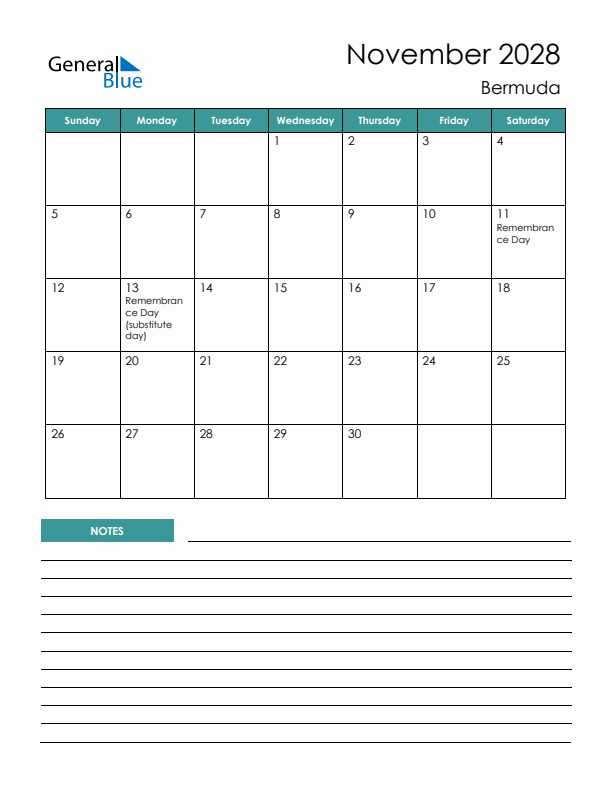 Calendar with Notes Printable - Sunday Start