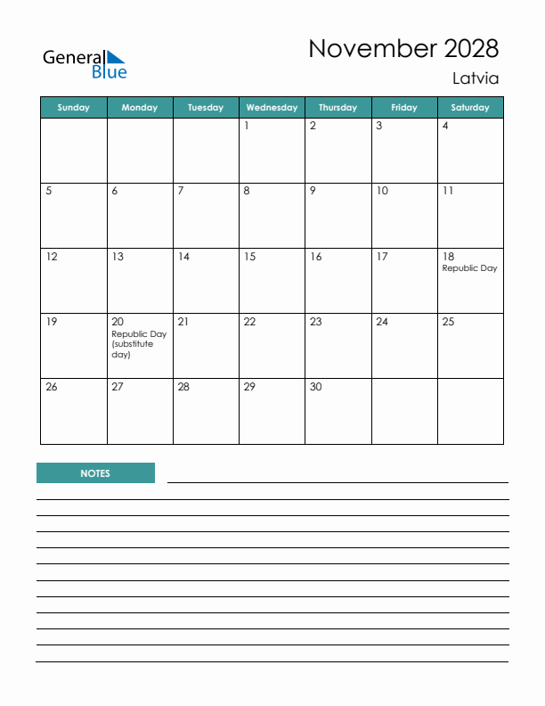 Calendar with Notes Printable - Sunday Start