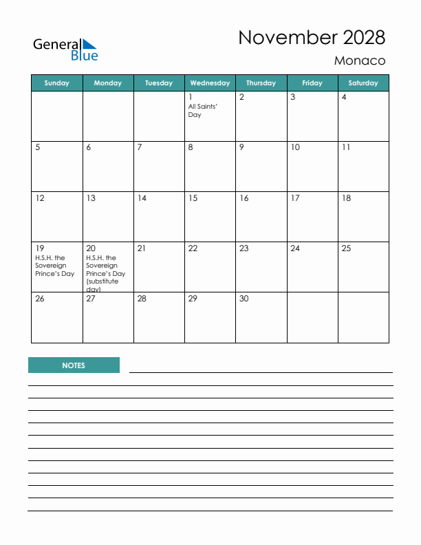 Calendar with Notes Printable - Sunday Start