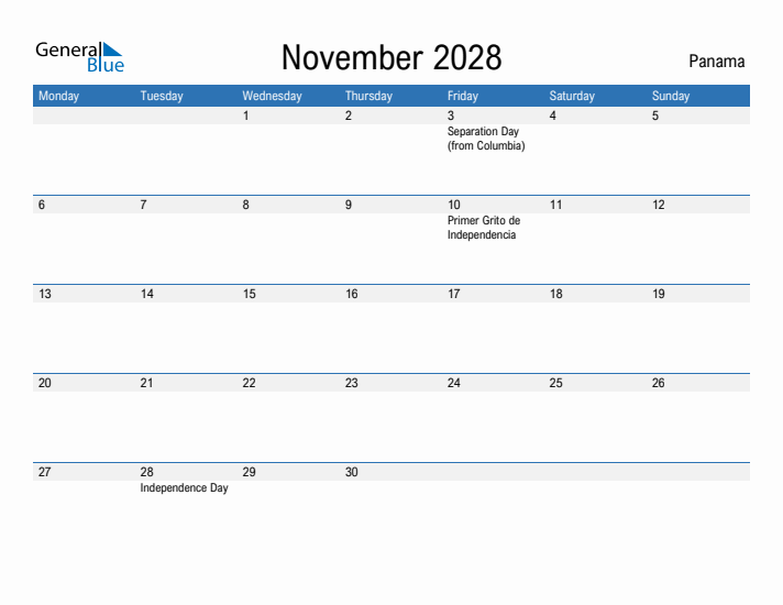 Fillable November 2028 Calendar