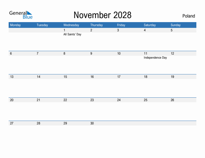 Fillable November 2028 Calendar