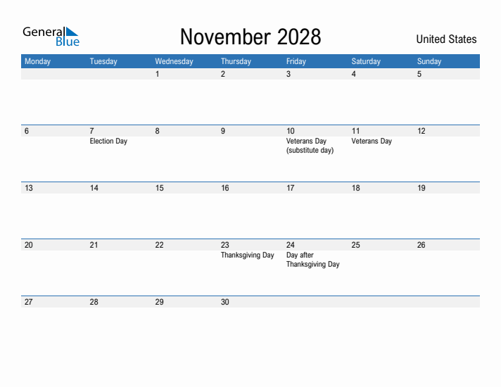 Fillable November 2028 Calendar