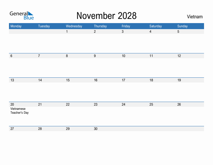 Fillable November 2028 Calendar