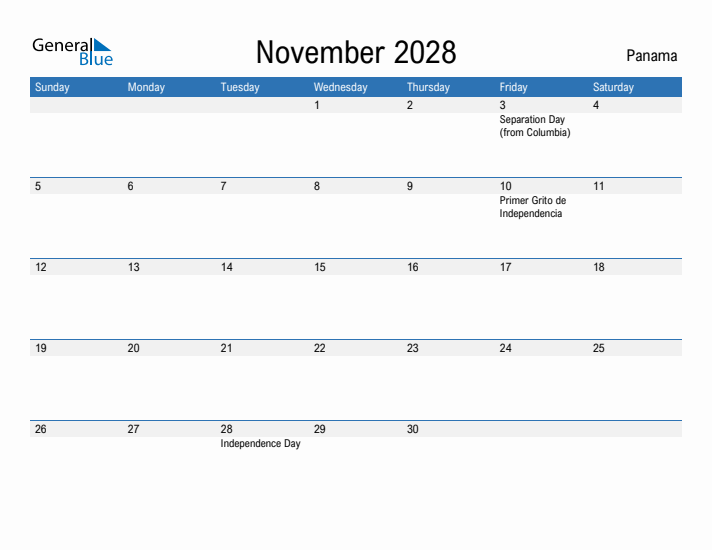 Fillable November 2028 Calendar