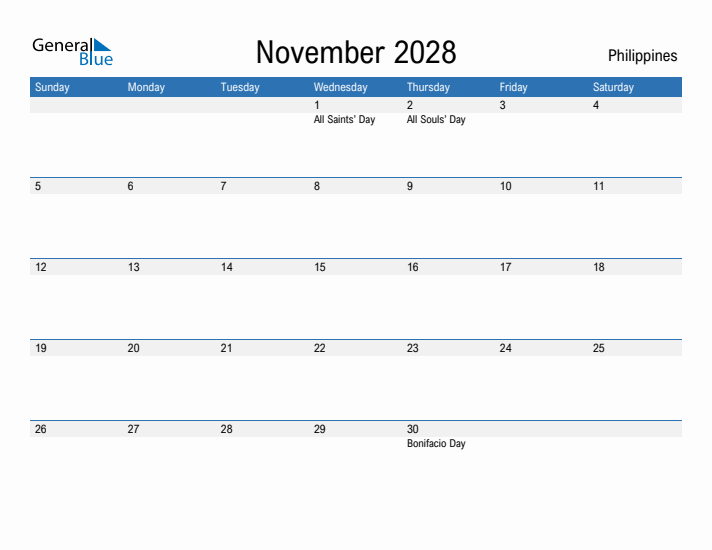 Fillable November 2028 Calendar