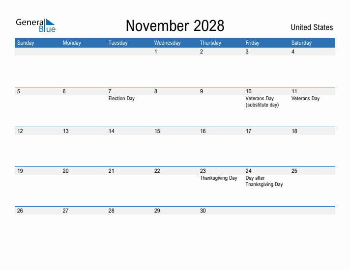 Fillable November 2028 Calendar