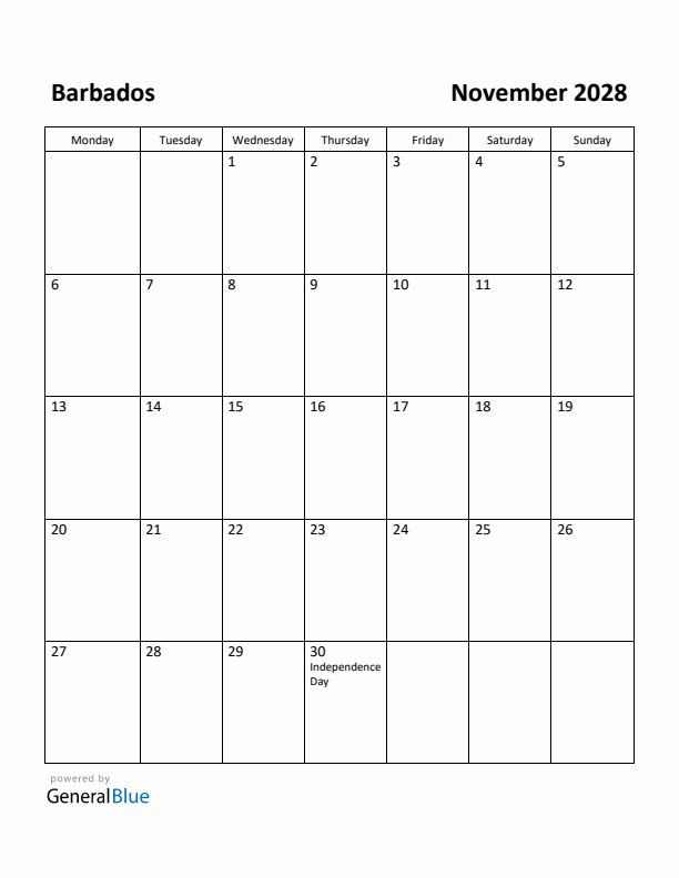 November 2028 Calendar with Barbados Holidays