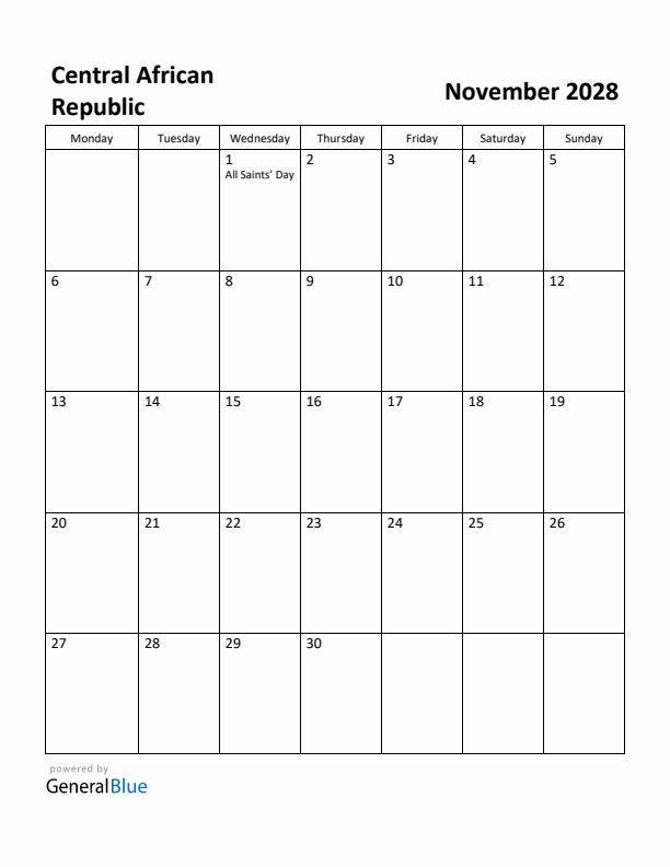 November 2028 Calendar with Central African Republic Holidays