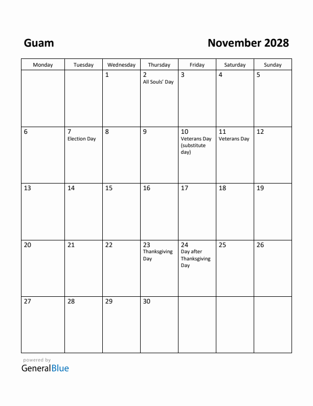 November 2028 Calendar with Guam Holidays