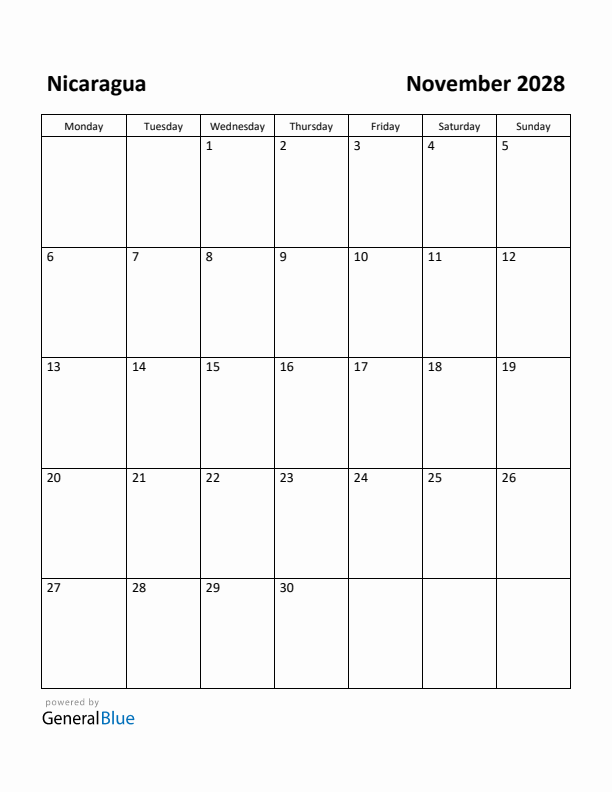 November 2028 Calendar with Nicaragua Holidays