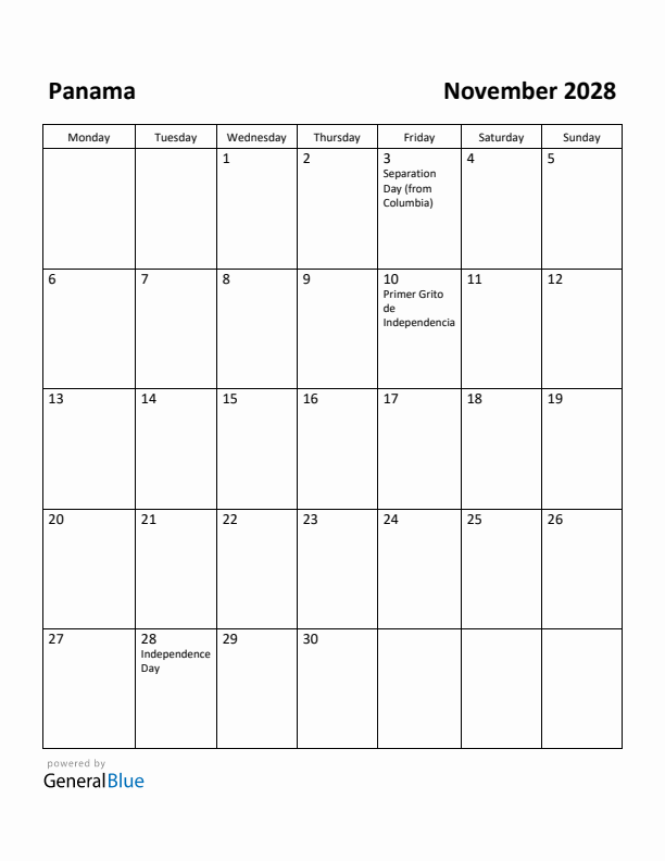 November 2028 Calendar with Panama Holidays