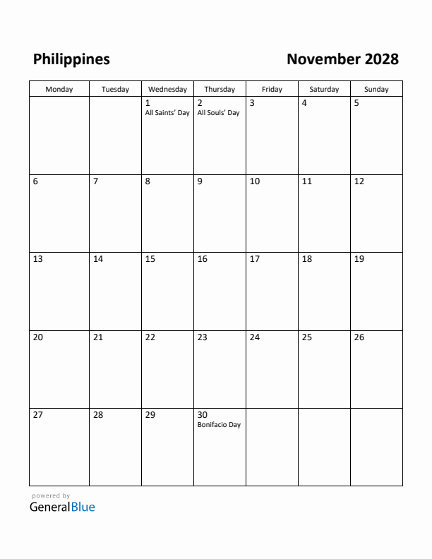 November 2028 Calendar with Philippines Holidays