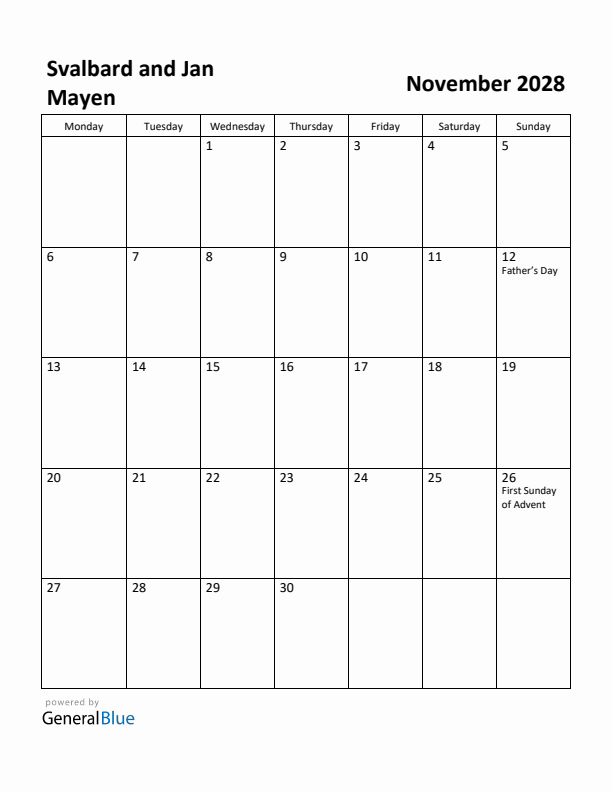 November 2028 Calendar with Svalbard and Jan Mayen Holidays