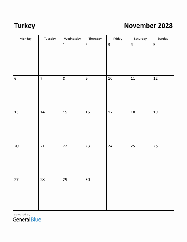 November 2028 Calendar with Turkey Holidays