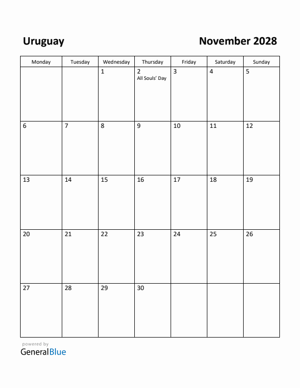 November 2028 Calendar with Uruguay Holidays