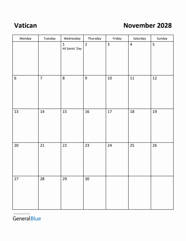 November 2028 Calendar with Vatican Holidays