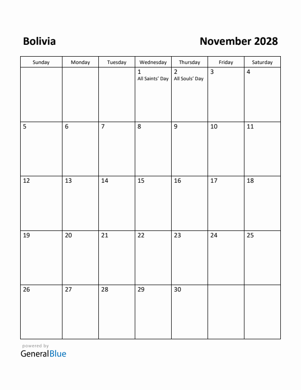 November 2028 Calendar with Bolivia Holidays