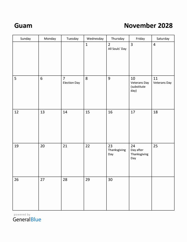 November 2028 Calendar with Guam Holidays