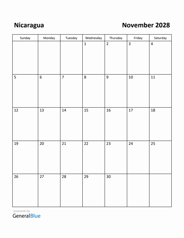 November 2028 Calendar with Nicaragua Holidays