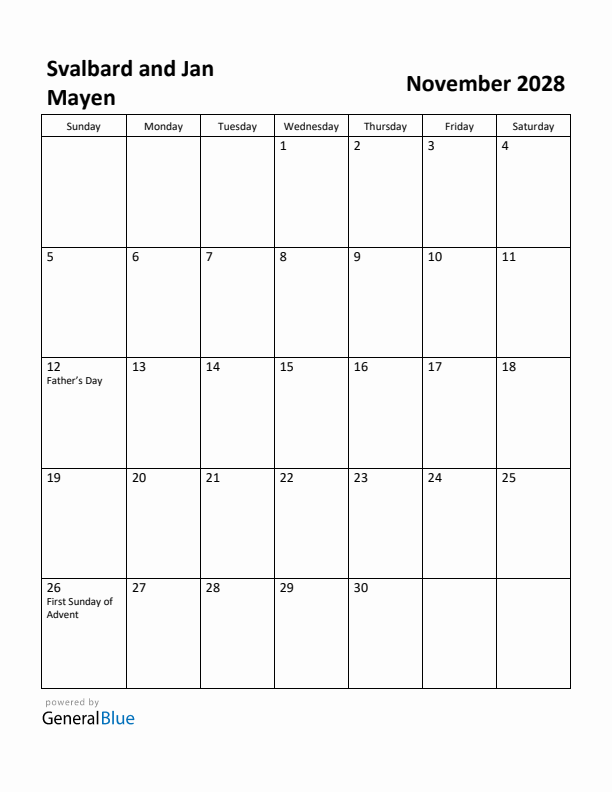 November 2028 Calendar with Svalbard and Jan Mayen Holidays