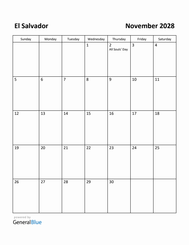 November 2028 Calendar with El Salvador Holidays