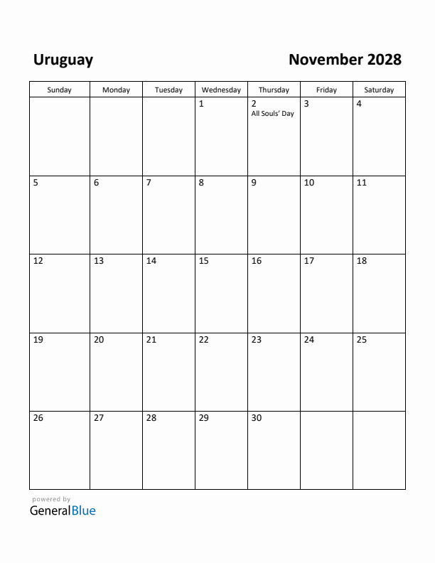 November 2028 Calendar with Uruguay Holidays