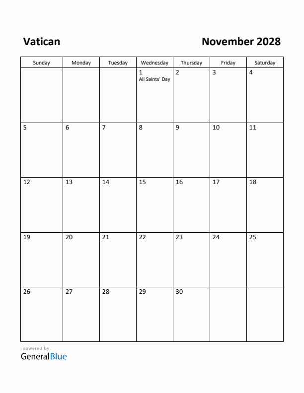 November 2028 Calendar with Vatican Holidays