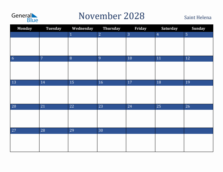 November 2028 Saint Helena Calendar (Monday Start)