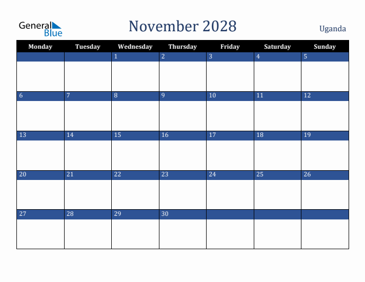 November 2028 Uganda Calendar (Monday Start)