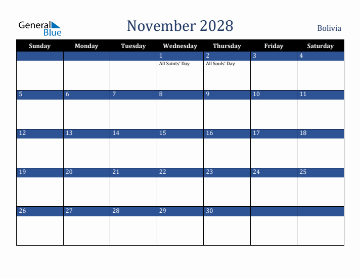 November 2028 Bolivia Calendar (Sunday Start)