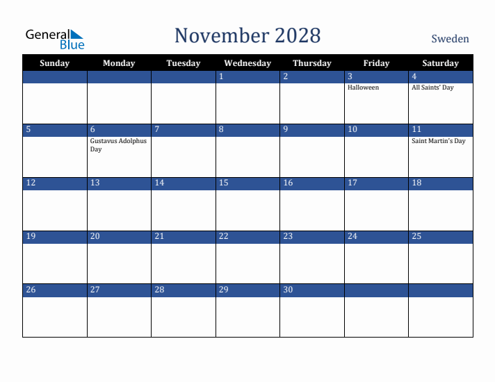 November 2028 Sweden Calendar (Sunday Start)