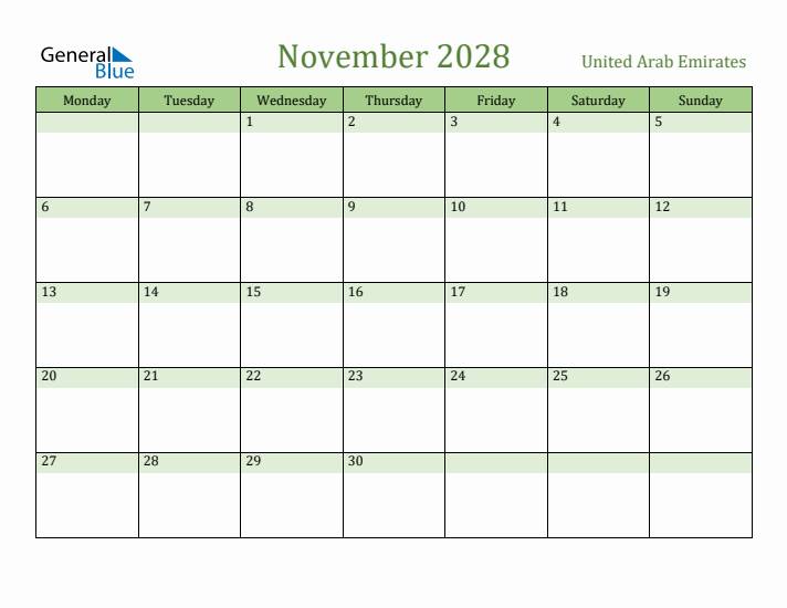 November 2028 Calendar with United Arab Emirates Holidays